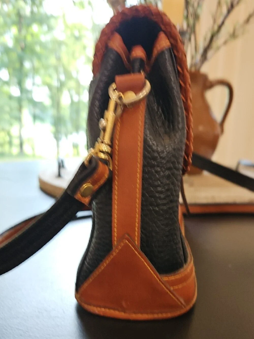 Dooney & Bourke Leather Satchel. All Weather Black with Tan Trim Satchel